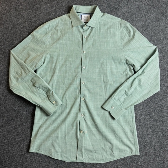 SOLD Charles Tyrwhitt Shirt Mens 16.5 36 Slim Fit Button Up Houndstooth Green - Picture 4 of 9